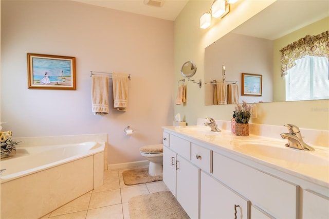 bathroom with a tub, tile flooring, toilet, and double sink vanity