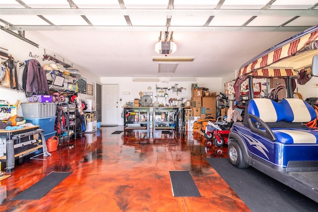 garage featuring a garage door opener and a workshop area