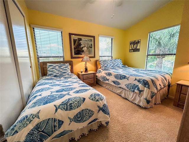 bedroom featuring multiple windows, ceiling fan, a closet, and carpet floors