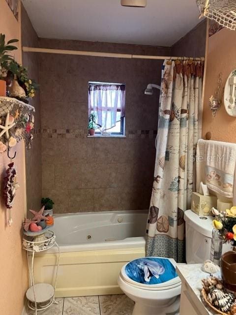 full bathroom with toilet, vanity, shower / bathtub combination with curtain, and tile flooring