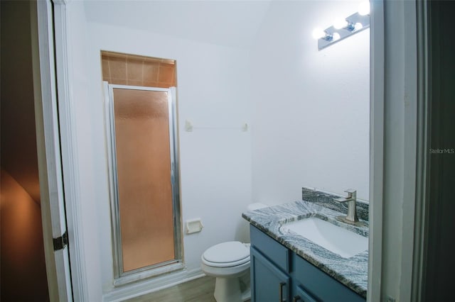 bathroom featuring toilet, a shower with shower door, and vanity