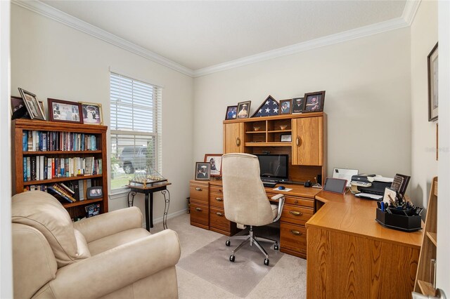 office featuring light carpet and crown molding