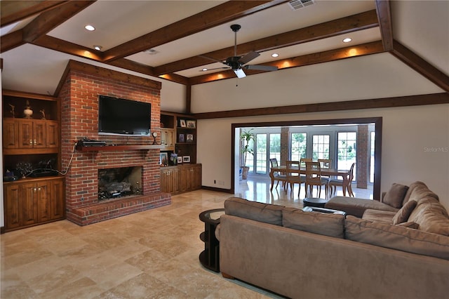 living room with brick wall, ceiling fan, light tile flooring, a fireplace, and beam ceiling