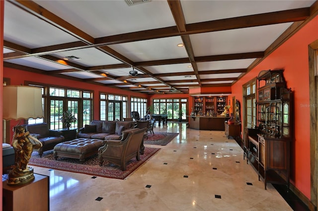 tiled living room featuring coffered ceiling, ceiling fan, french doors, and beamed ceiling