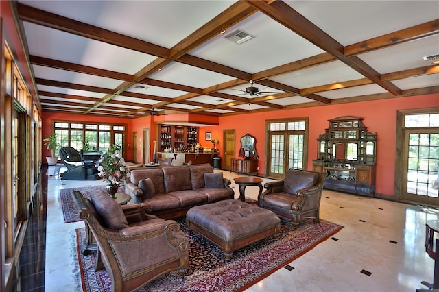 living room featuring coffered ceiling, beam ceiling, tile floors, and ceiling fan