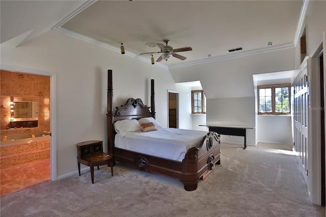 bedroom featuring carpet, ensuite bathroom, ceiling fan, and crown molding