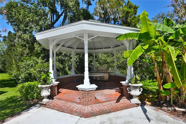 view of terrace featuring a gazebo