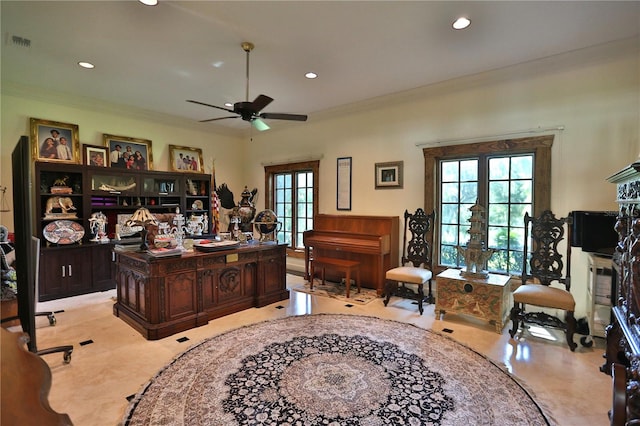 office area with crown molding and ceiling fan