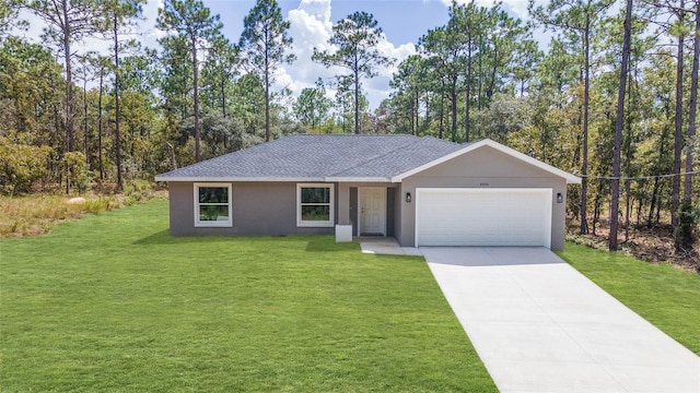 ranch-style house featuring a front yard and a garage