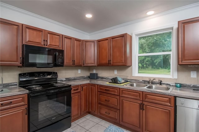 kitchen with ornamental molding, sink, light tile floors, and black appliances