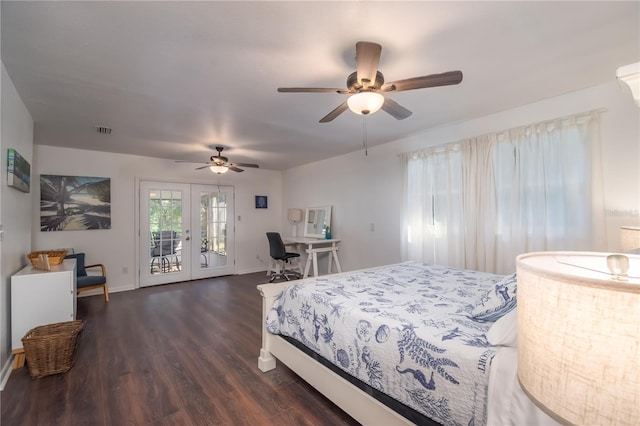 bedroom featuring french doors, access to outside, dark hardwood / wood-style floors, and ceiling fan