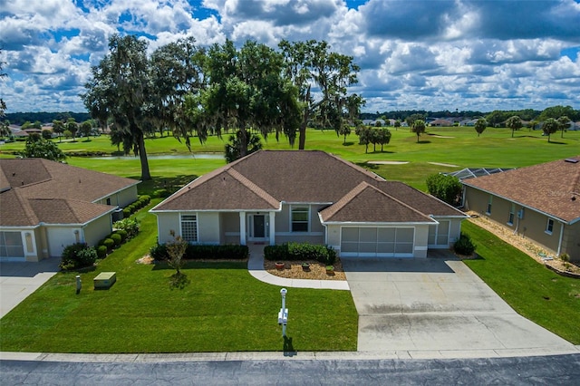 view of front of home with a front yard and a garage