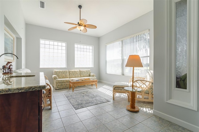 interior space featuring plenty of natural light, ceiling fan, and sink