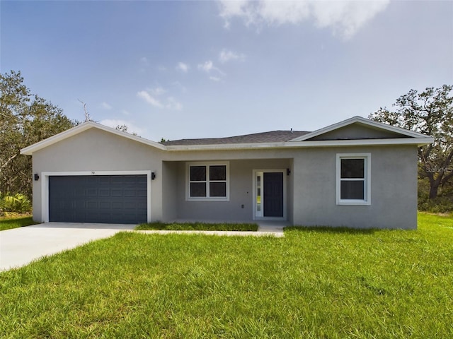 ranch-style home with a front yard and a garage