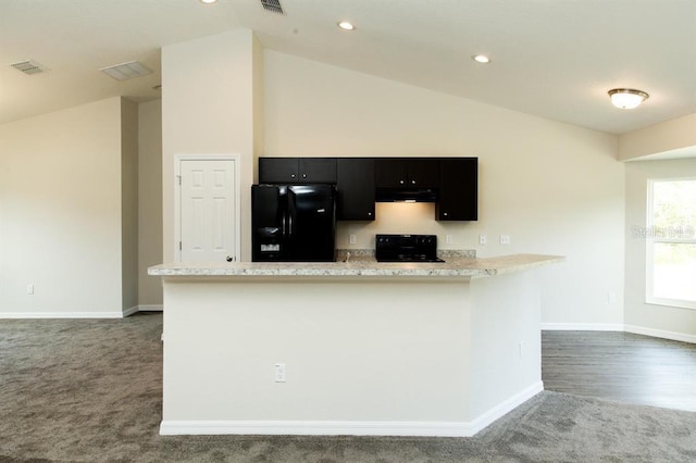 kitchen featuring black refrigerator with ice dispenser, light stone counters, range, dark carpet, and high vaulted ceiling