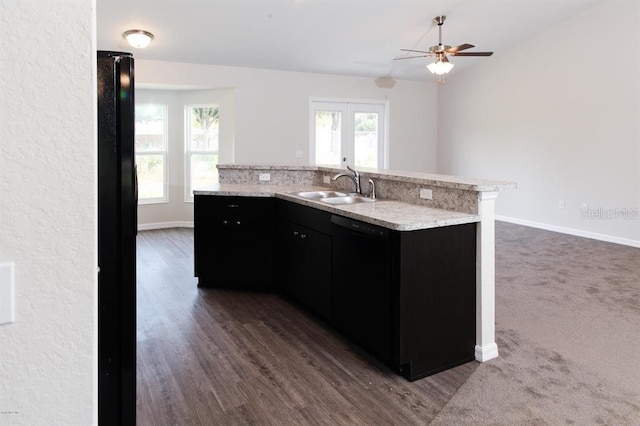 kitchen with french doors, ceiling fan, sink, dark wood-type flooring, and black appliances