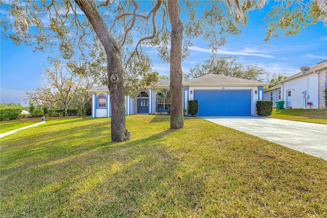 single story home with a garage and a front yard