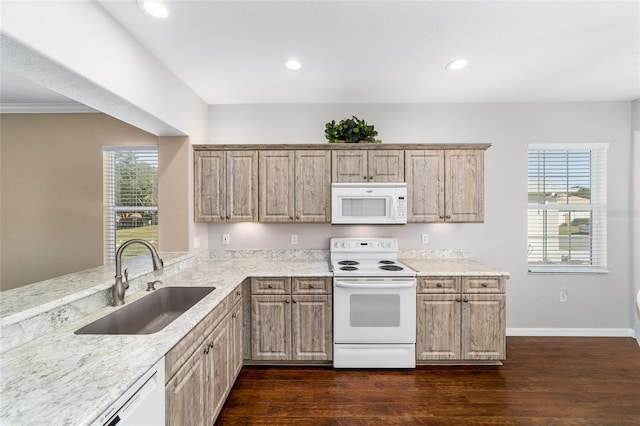 kitchen with light brown cabinetry, dark hardwood / wood-style flooring, white appliances, crown molding, and sink