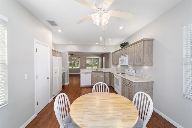 kitchen featuring kitchen peninsula, dark hardwood / wood-style flooring, white appliances, and sink