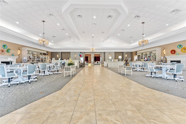 workout area featuring light tile patterned floors and lofted ceiling