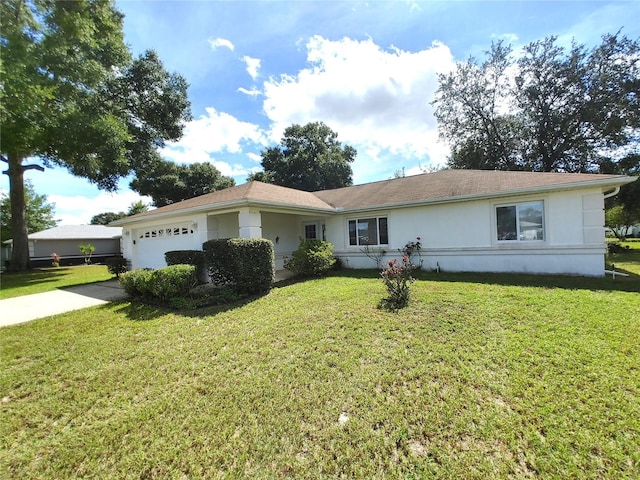 ranch-style house with a front lawn and a garage