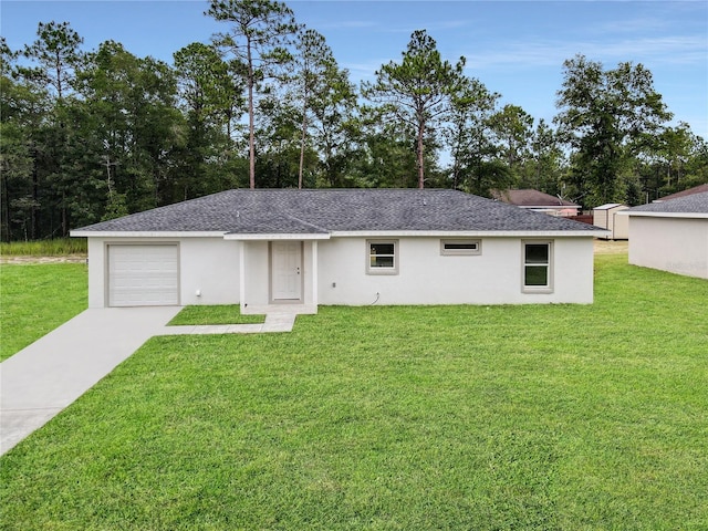 ranch-style house with a front lawn and a garage