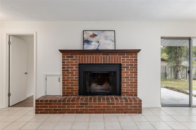 details featuring a brick fireplace