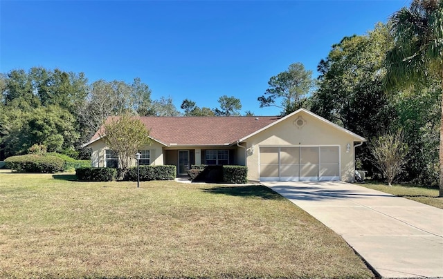 ranch-style house with a front yard and a garage