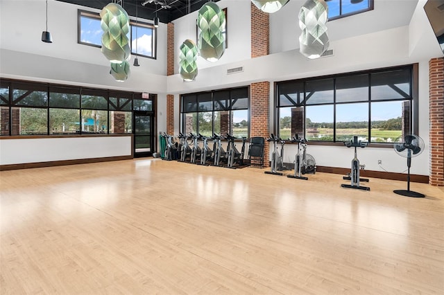 3554 NW 55th Cir, Ocala, FL 34482 - exercise area with healthy amount of natural light, a high ceiling, wood finished floors, and baseboards