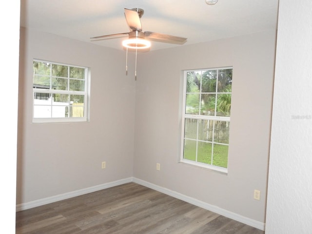 spare room with plenty of natural light, dark hardwood / wood-style floors, and ceiling fan