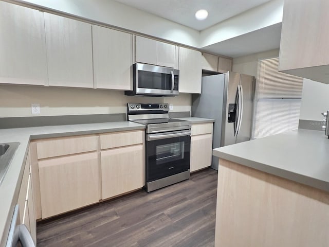 kitchen with light brown cabinetry, dark hardwood / wood-style floors, and stainless steel appliances