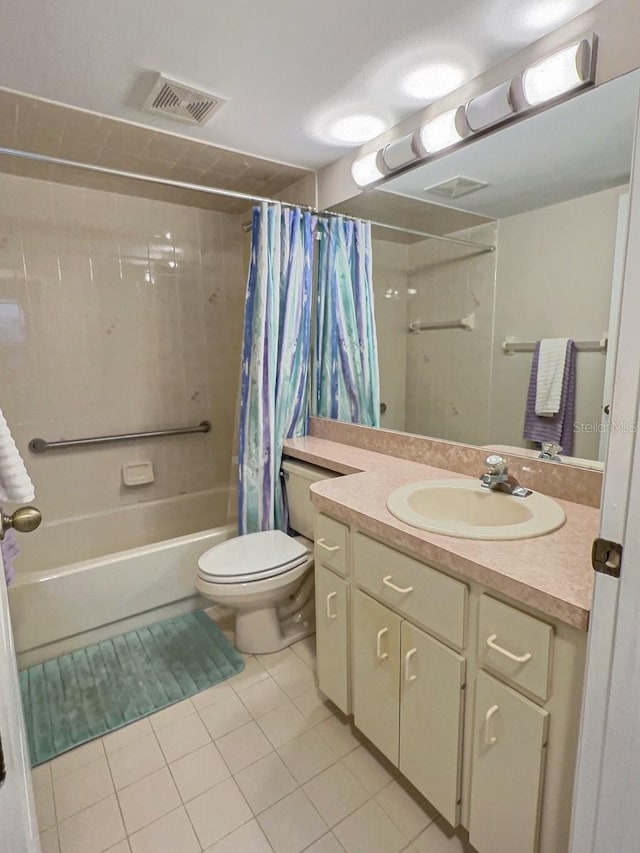 full bathroom featuring tile floors, toilet, vanity, and shower / tub combo with curtain