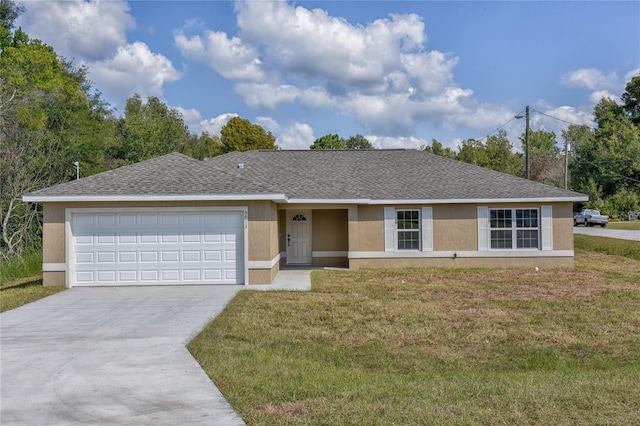 single story home featuring a front yard and a garage