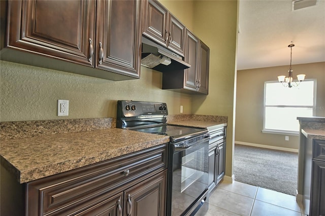 kitchen with a chandelier, light colored carpet, dark brown cabinets, hanging light fixtures, and black / electric stove