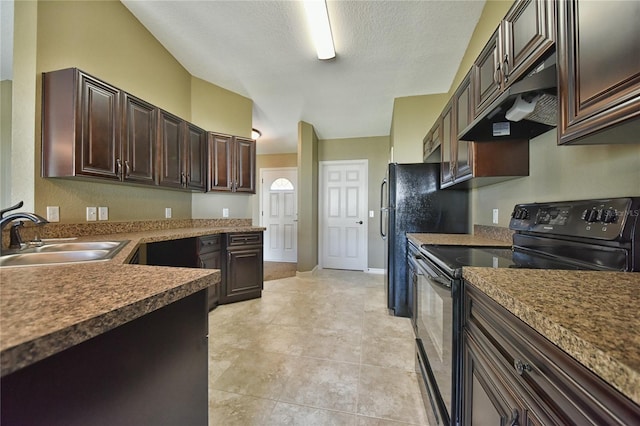 kitchen with black range with electric stovetop, sink, light tile floors, a textured ceiling, and dark brown cabinets