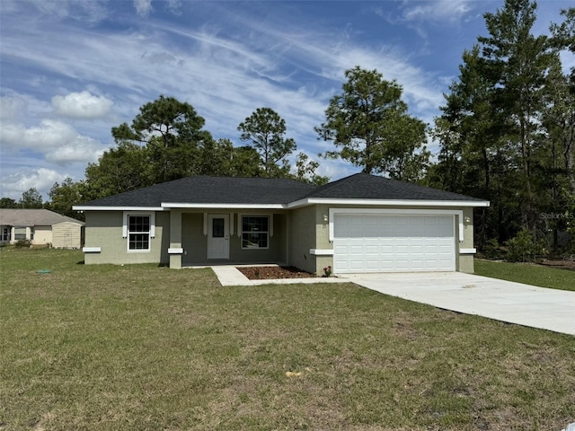 single story home featuring a garage and a front yard