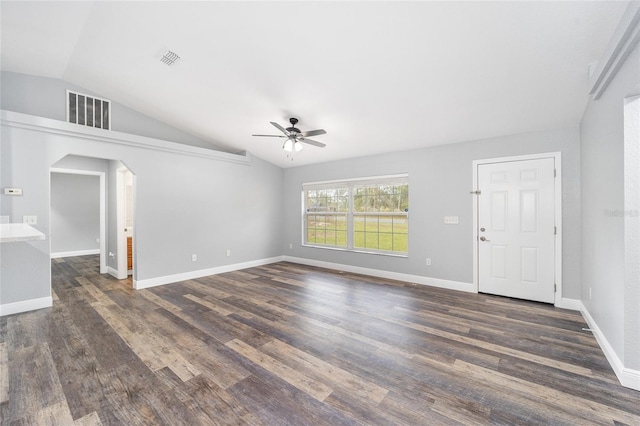 unfurnished living room with ceiling fan, dark hardwood / wood-style flooring, and lofted ceiling