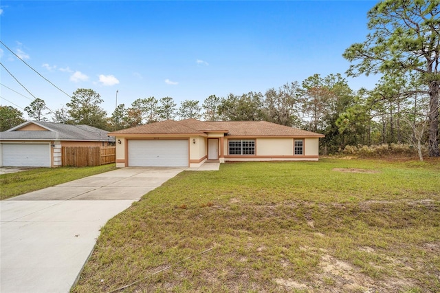 ranch-style home with a front yard and a garage