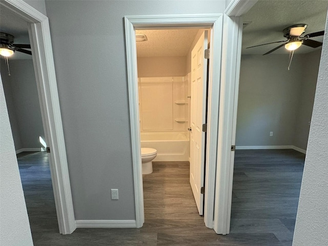 corridor with a textured ceiling and dark hardwood / wood-style flooring