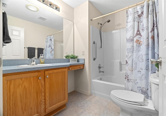 full bathroom with tile patterned flooring, vanity, shower / bath combination with curtain, a textured ceiling, and toilet