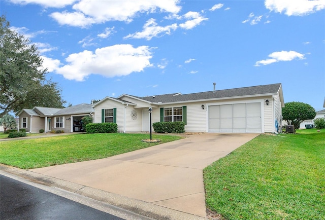 ranch-style house with a garage and a front yard