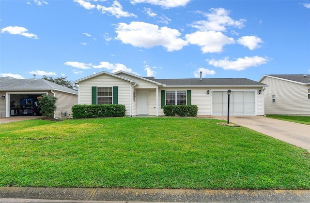 single story home featuring a garage and a front yard