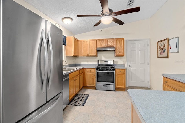 kitchen with sink, vaulted ceiling, a textured ceiling, ceiling fan, and stainless steel appliances