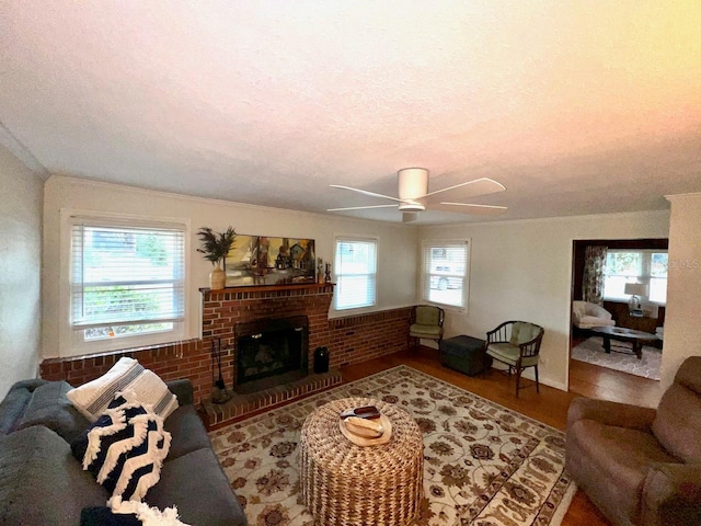 living room featuring ornamental molding, ceiling fan, hardwood / wood-style flooring, and a fireplace