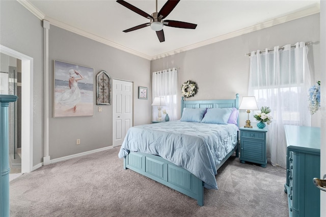 bedroom with ornamental molding, ceiling fan, and light colored carpet