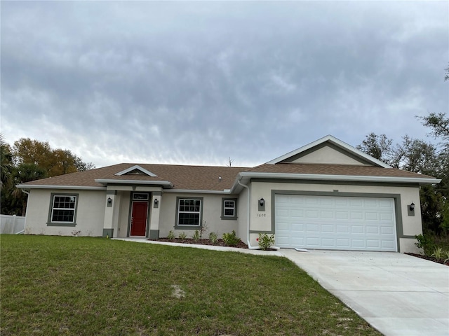 ranch-style house with a front lawn and a garage