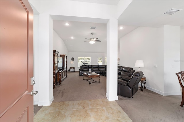 interior space with high vaulted ceiling and ceiling fan