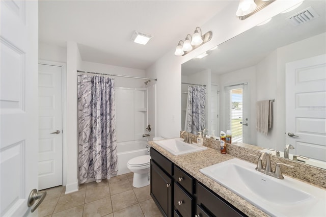 full bathroom with toilet, double sink, vanity with extensive cabinet space, shower / bath combination with curtain, and tile floors