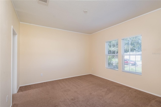 empty room featuring carpet floors and ornamental molding