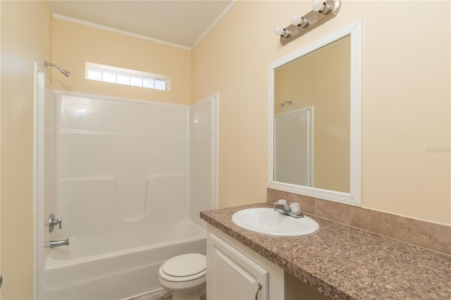 full bathroom with vanity, toilet, shower / bath combination, and crown molding